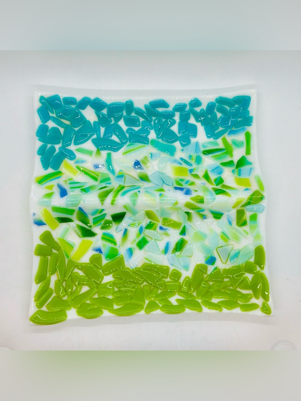 Studio Fused Art Glass Rectangle Trinket Divided Tray, 8.5” wide x 9” long.